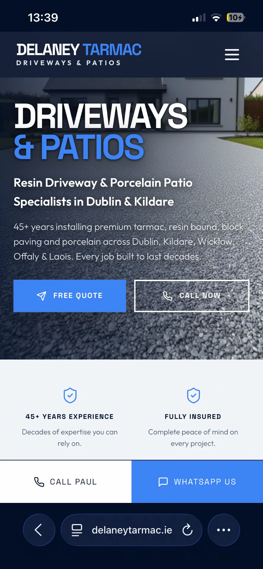Delaney Tarmac website on mobile, responsive build by Eflow Solutions