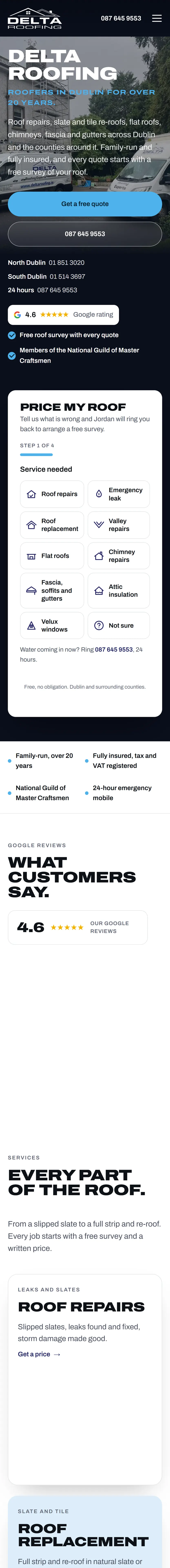 The Delta Roofing website on a phone, scrolling from top to bottom
