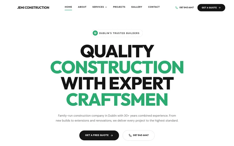 Jemi Construction website, custom web design for construction company in Ireland by Eflow Solutions