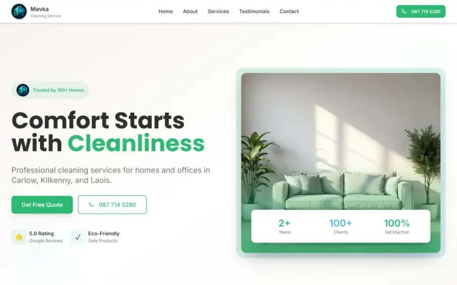 Mavka Cleaning website built by Eflow Solutions, custom web design for cleaning companies in Ireland